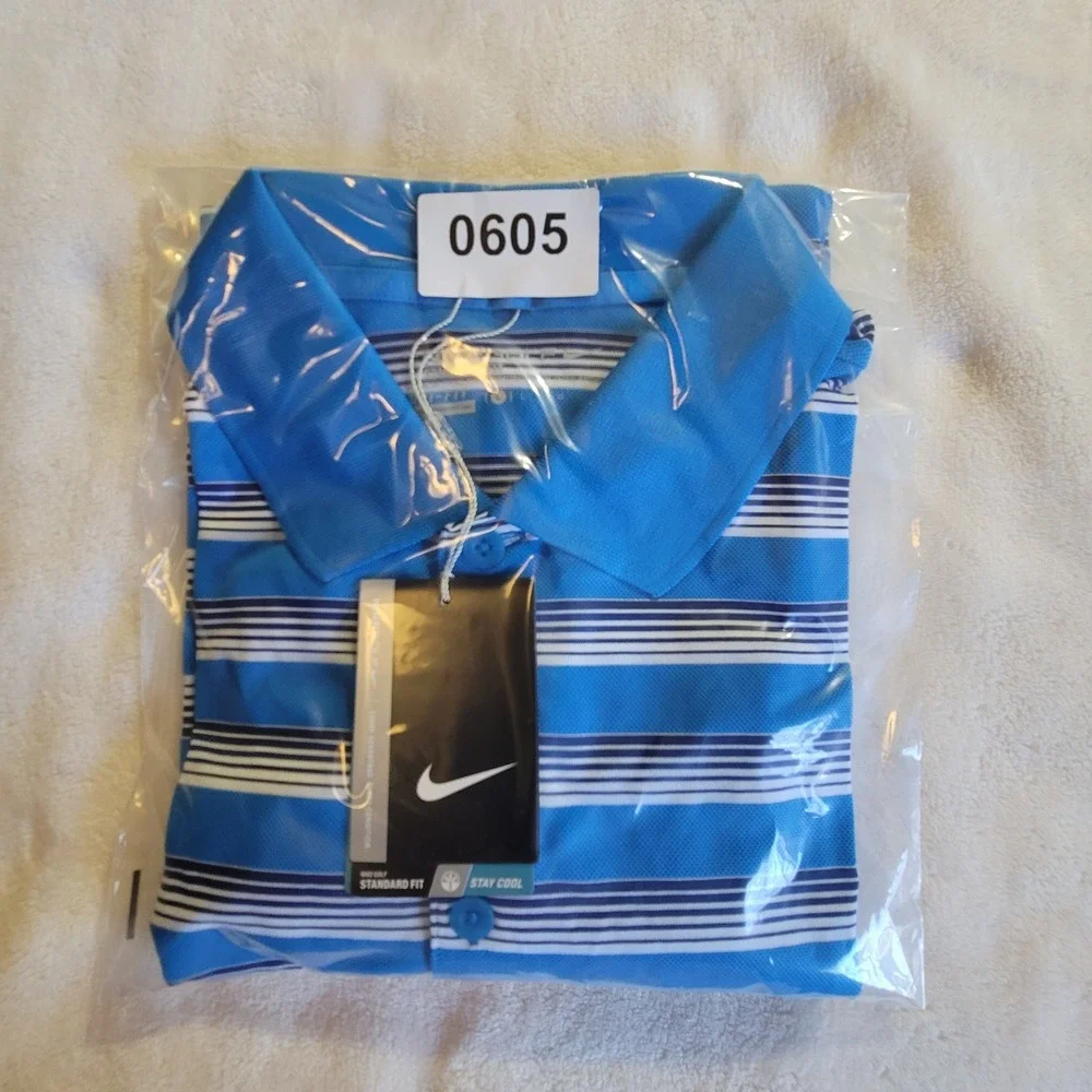 NWT Nike Golf Polo Shirt Mens L Blue Striped Dri-FIT Standard Fit Short Sleeve